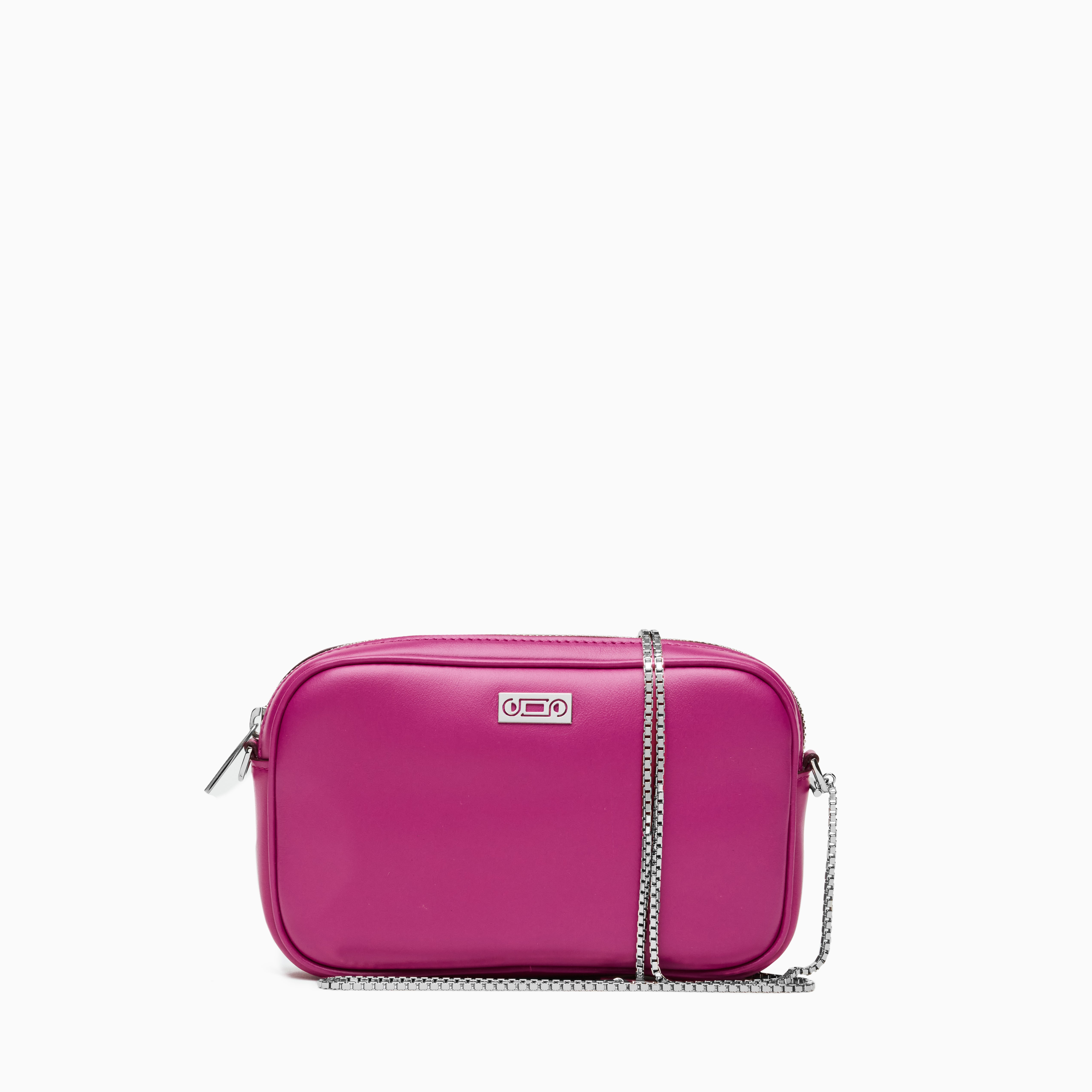 Front view of The Valentina Bag in Orchid leather featuring sculptural proportions, polished palladium-plated chain detailing, and contemporary Italian elegance.