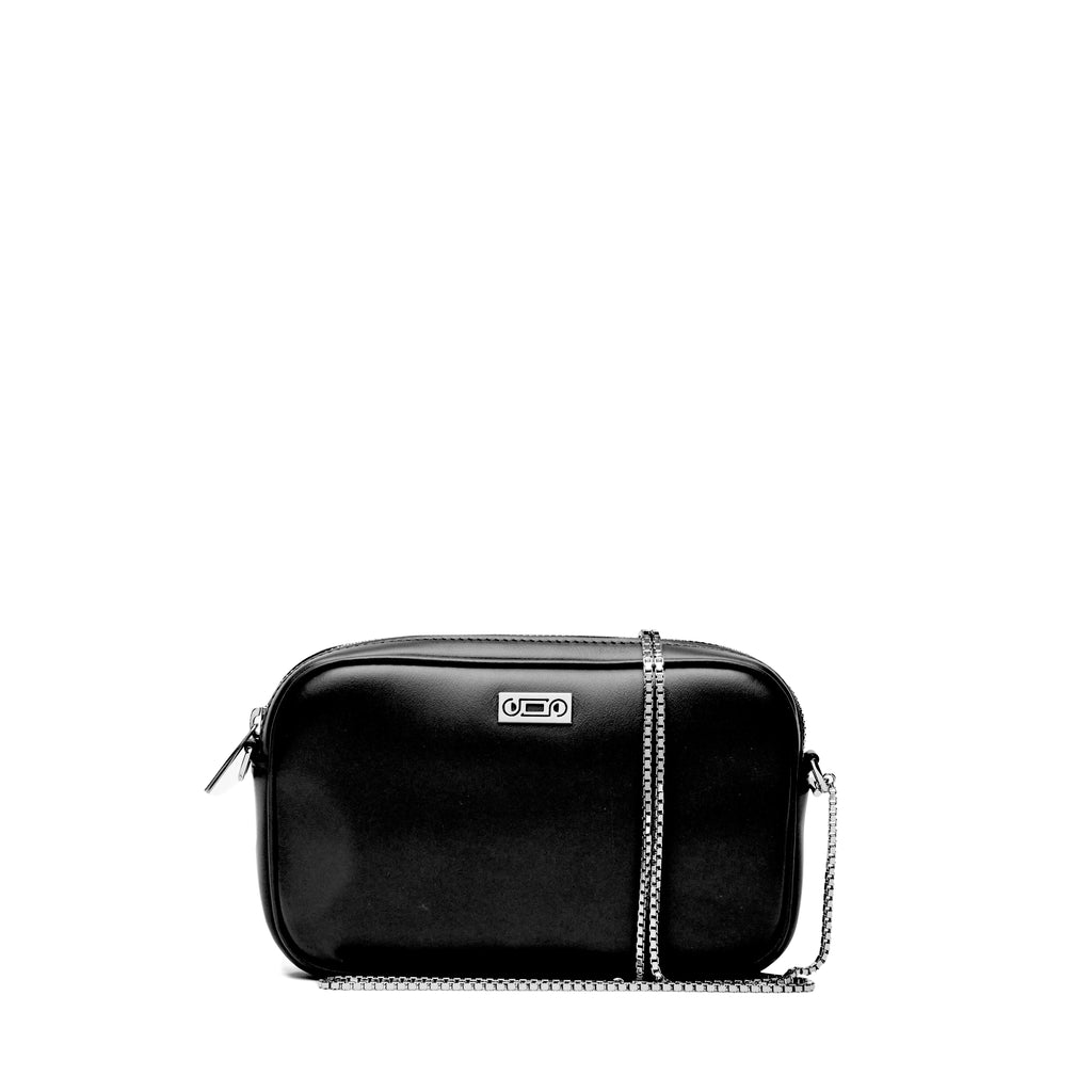 The Valentina Bag in Black. Front view showing smooth Italian leather, Studio Tondini logo plate and jewellery-grade chain, all in palladium-plated hardware.