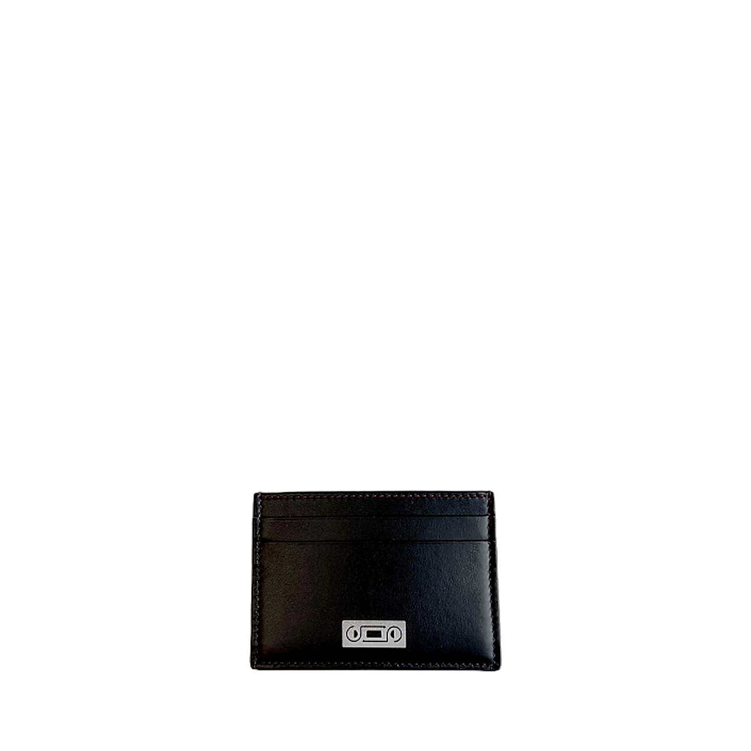 Front view of The Card Holder in black leather featuring clean lines, compact proportions, and understated contemporary elegance crafted in Italy.