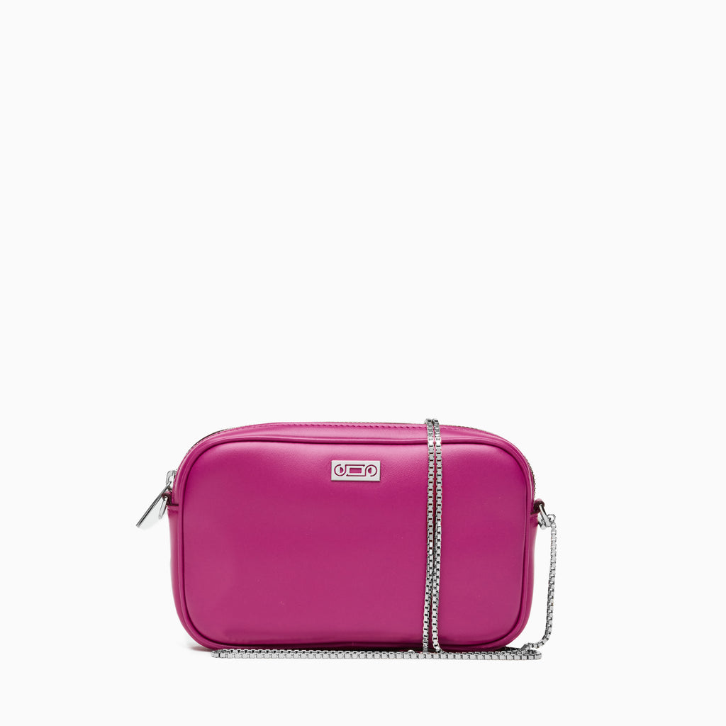 Front view of The Valentina Bag in Orchid leather featuring sculptural proportions, polished palladium-plated chain detailing, and contemporary Italian elegance.