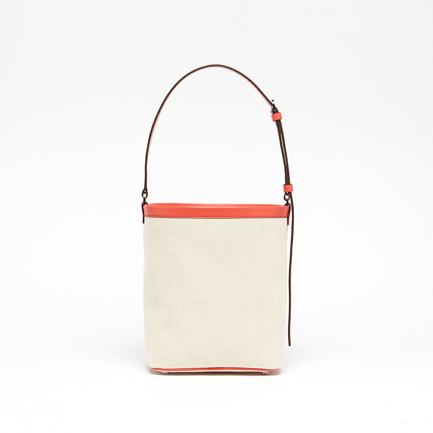 Back view of The Francesca canvas bucket bag with clean proportions, relaxed silhouette, and refined minimalist construction.